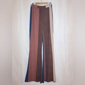 Gibiu High-Waisted Colorblock Ribbed Wide-Leg Trousers-Brown, Cream, Blue, Pink.